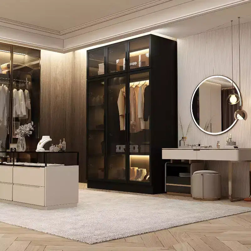 Armoire vitrine avec éclairage LED, portes en verre, placard-penderie, noir
