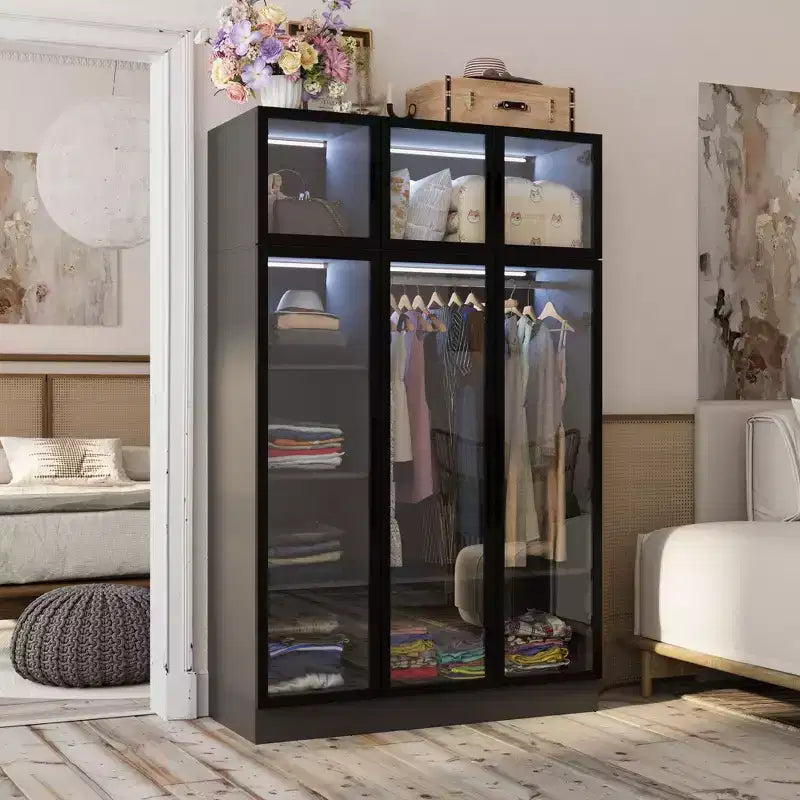 Armoire vitrine avec éclairage LED, portes en verre, placard-penderie, noir