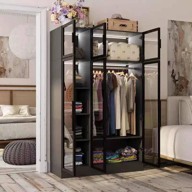 Armoire vitrine avec éclairage LED, portes en verre, placard-penderie, noir