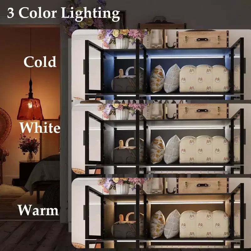 Armoire vitrine avec éclairage LED, portes en verre, placard-penderie, noir