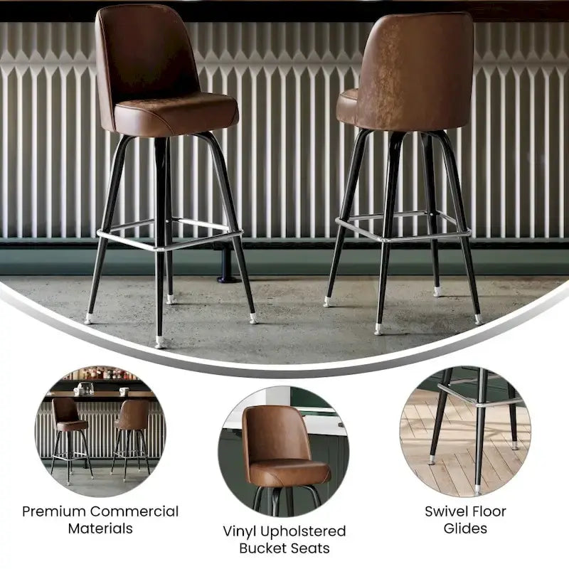Tabouret de bar en métal avec siège baquet rembourré en vinyle pivotant et repose-pieds - 18,5P x 18,5L x 42,5H