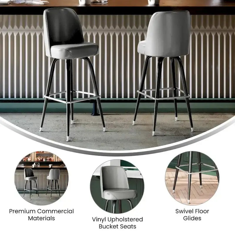 Tabouret de bar en métal avec siège baquet rembourré en vinyle pivotant et repose-pieds - 18,5P x 18,5L x 42,5H