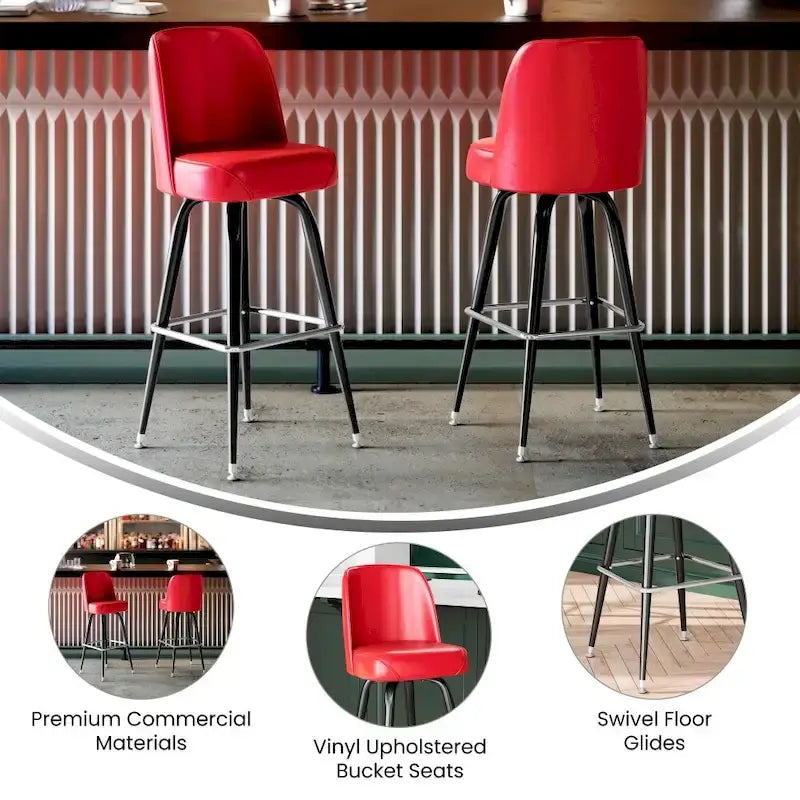 Tabouret de bar en métal avec siège baquet rembourré en vinyle pivotant et repose-pieds - 18,5P x 18,5L x 42,5H