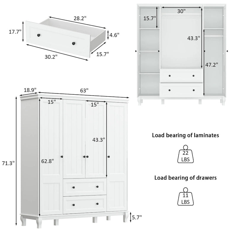 Armoire blanche laquée en bois composite pour chambre à coucher