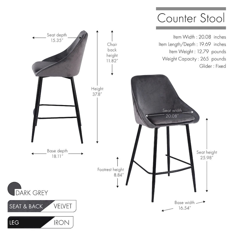 Paire de tabourets de comptoir Uva Porthos Home, revêtement velours, pieds en fer