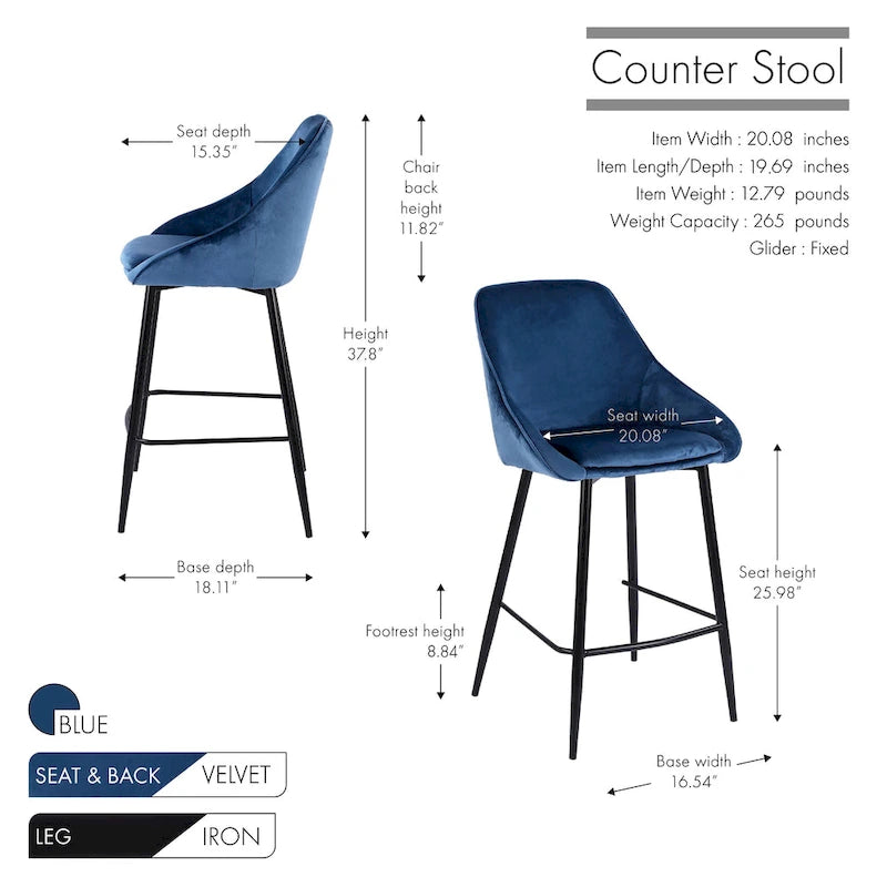 Paire de tabourets de comptoir Uva Porthos Home, revêtement velours, pieds en fer