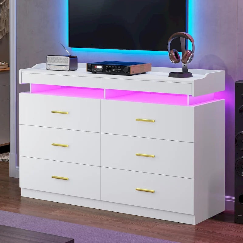 Commode 6 tiroirs, 2 plateaux coulissants, avec lumières LED