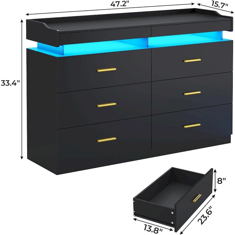 Commode 6 tiroirs, 2 plateaux coulissants, avec lumières LED