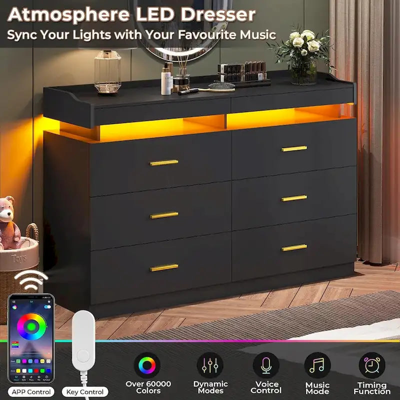 Commode 6 tiroirs, 2 plateaux coulissants, avec lumières LED