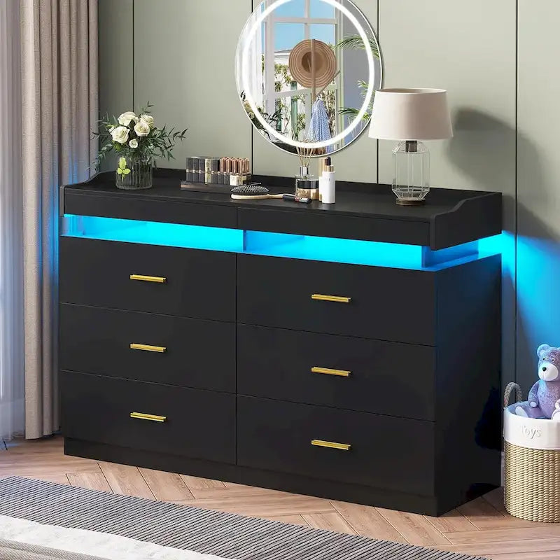 Commode 6 tiroirs, 2 plateaux coulissants, avec lumières LED