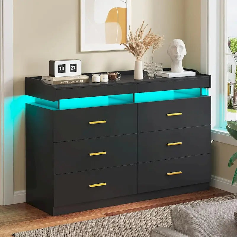 Commode 6 tiroirs, 2 plateaux coulissants, avec lumières LED