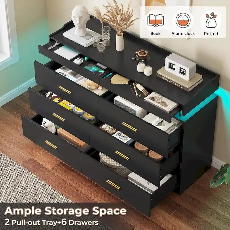 Commode 6 tiroirs, 2 plateaux coulissants, avec lumières LED