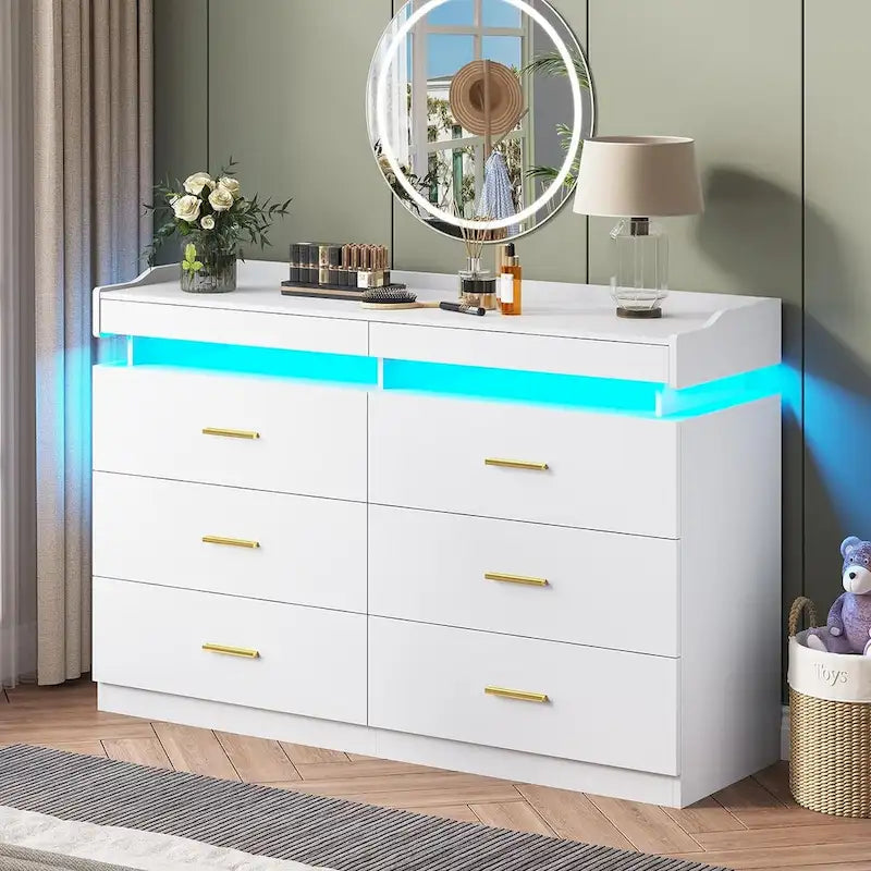 Commode 6 tiroirs, 2 plateaux coulissants, avec lumières LED