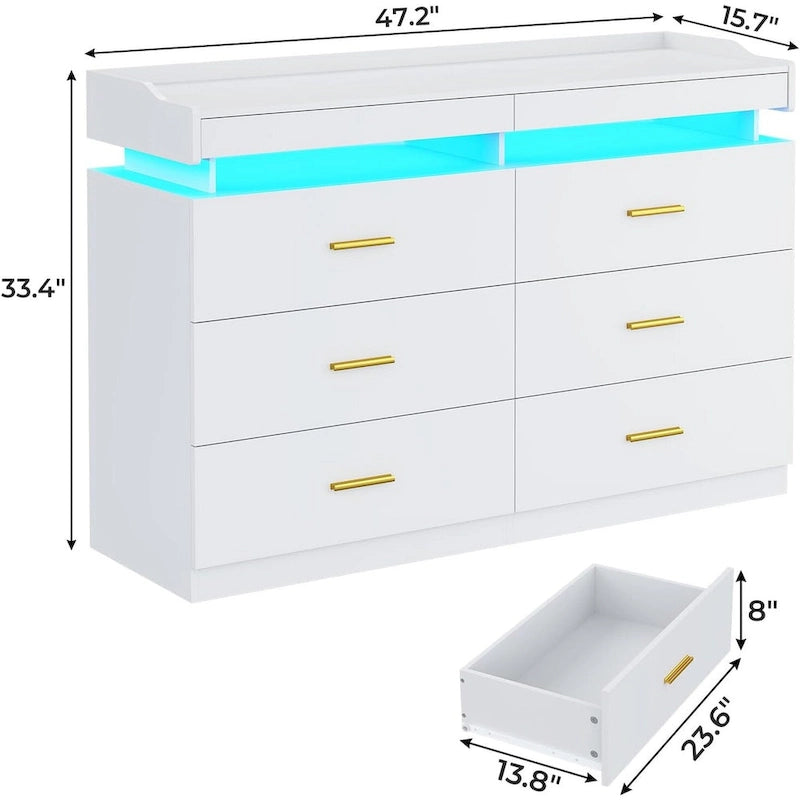 Commode 6 tiroirs, 2 plateaux coulissants, avec lumières LED