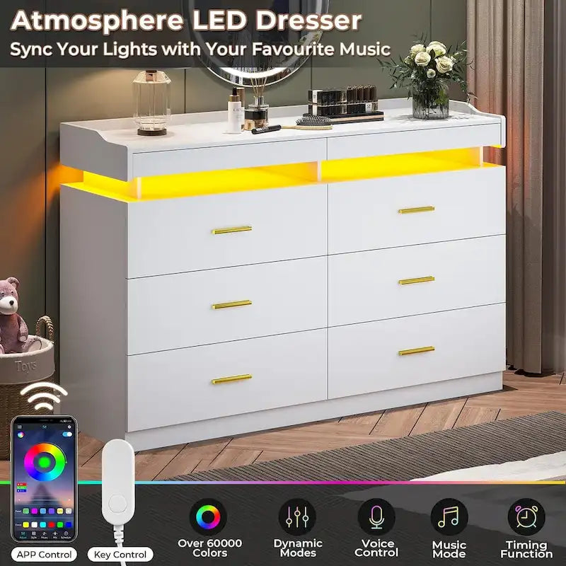Commode 6 tiroirs, 2 plateaux coulissants, avec lumières LED