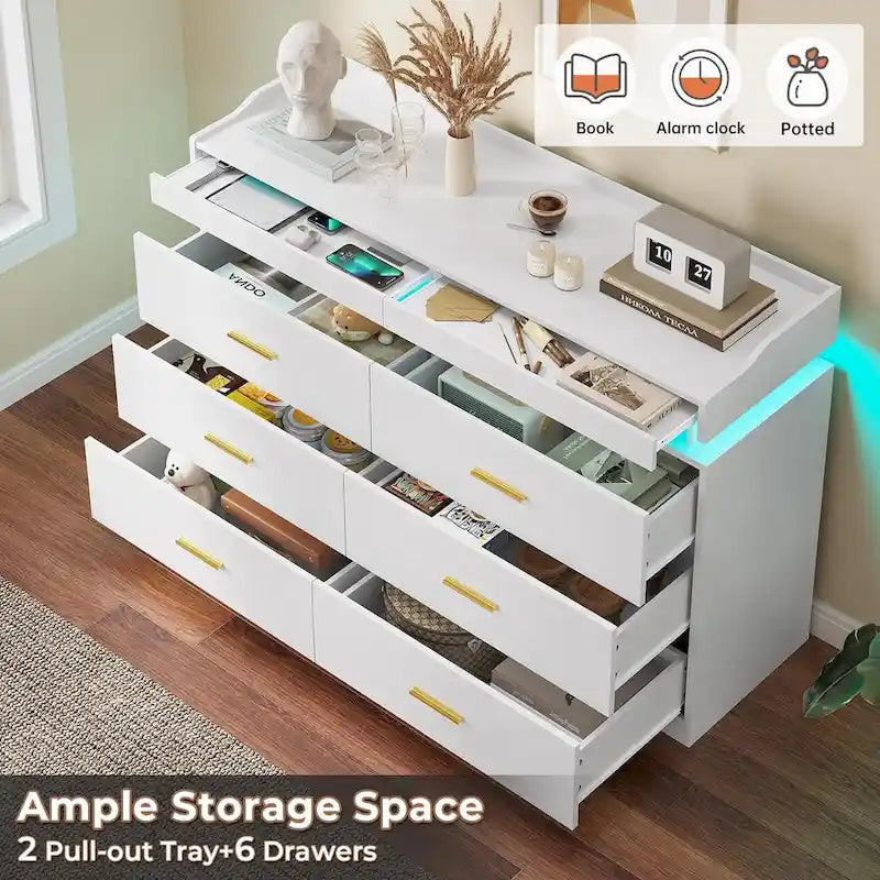 Commode 6 tiroirs, 2 plateaux coulissants, avec lumières LED