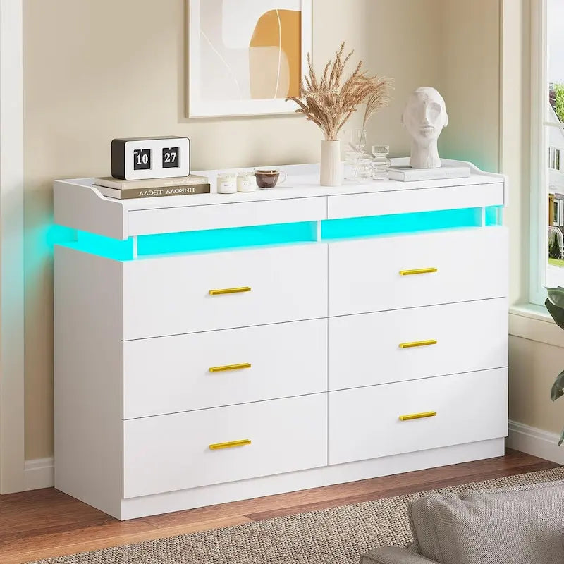 Commode 6 tiroirs, 2 plateaux coulissants, avec lumières LED