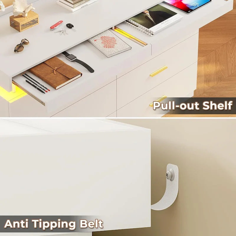 Commode 6 tiroirs, 2 plateaux coulissants, avec lumières LED