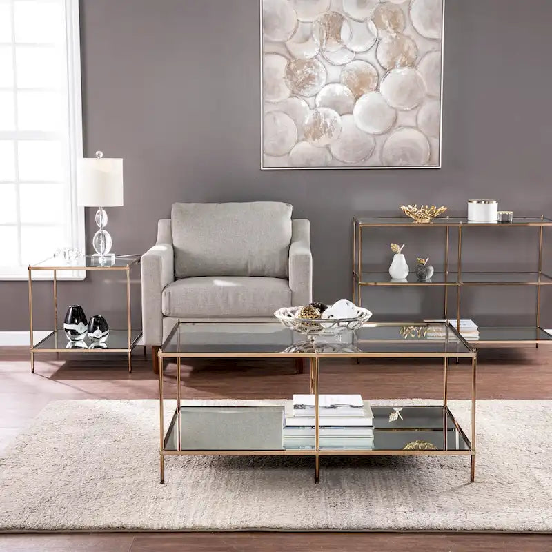 Console de table moderne SEI Furniture Grant en métal avec dessus et étagères en verre