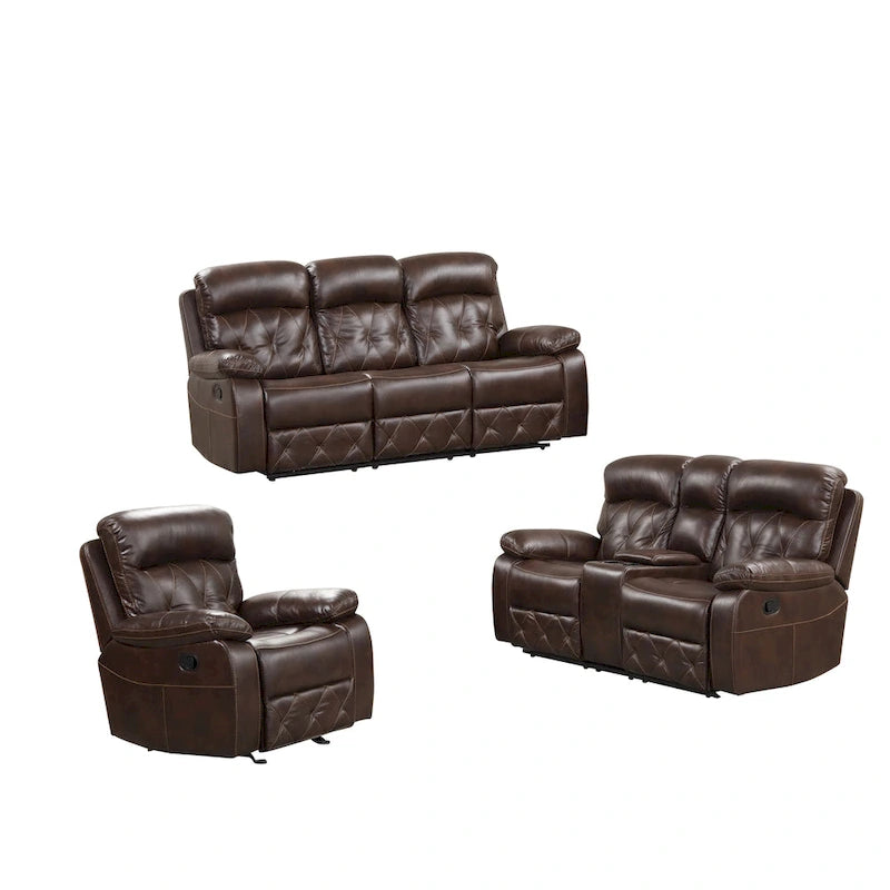 Ensemble de canapé inclinable manuel en cuir respirant marron 3 pièces Owen