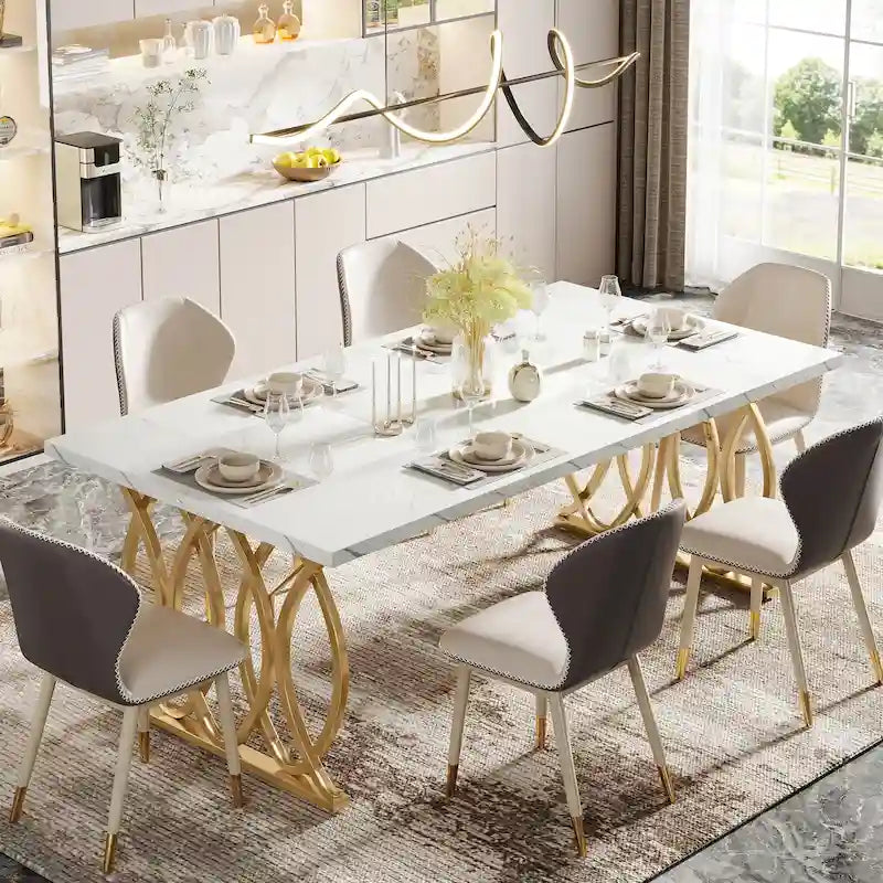 Table de salle à manger moderne pour 4 à 6 personnes, grande table de cuisine de 160 cm avec plateau en faux marbre