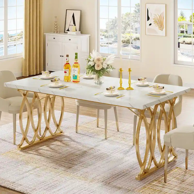 Table de salle à manger moderne pour 4 à 6 personnes, grande table de cuisine de 160 cm avec plateau en faux marbre