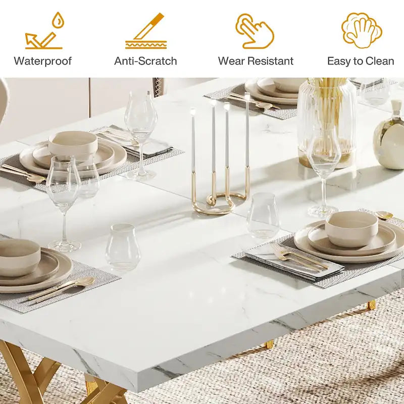 Table de salle à manger moderne pour 4 à 6 personnes, grande table de cuisine de 160 cm avec plateau en faux marbre