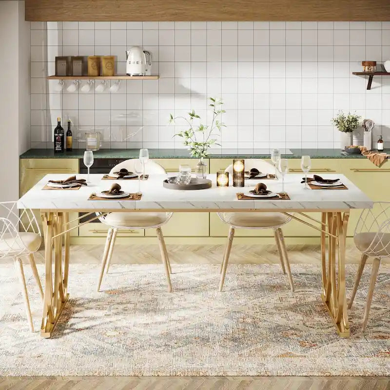 Table de salle à manger moderne pour 4 à 6 personnes, grande table de cuisine de 160 cm avec plateau en faux marbre
