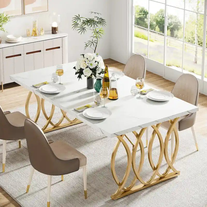 Table de salle à manger moderne pour 4 à 6 personnes, grande table de cuisine de 160 cm avec plateau en faux marbre