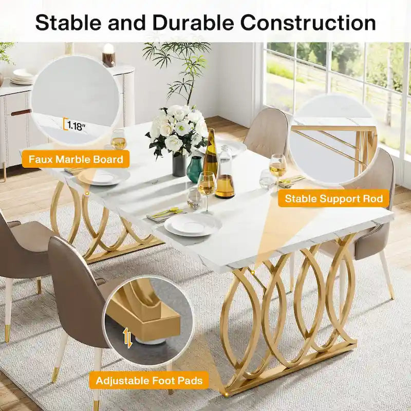 Table de salle à manger moderne pour 4 à 6 personnes, grande table de cuisine de 160 cm avec plateau en faux marbre