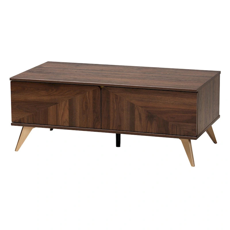 Table basse Graceland en bois finition noyer brun, de style moderne du milieu du siècle, avec 2 tiroirs