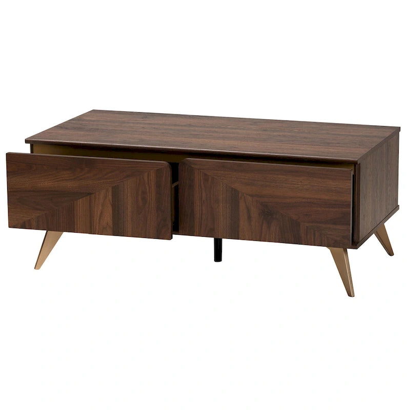Table basse Graceland en bois finition noyer brun, de style moderne du milieu du siècle, avec 2 tiroirs