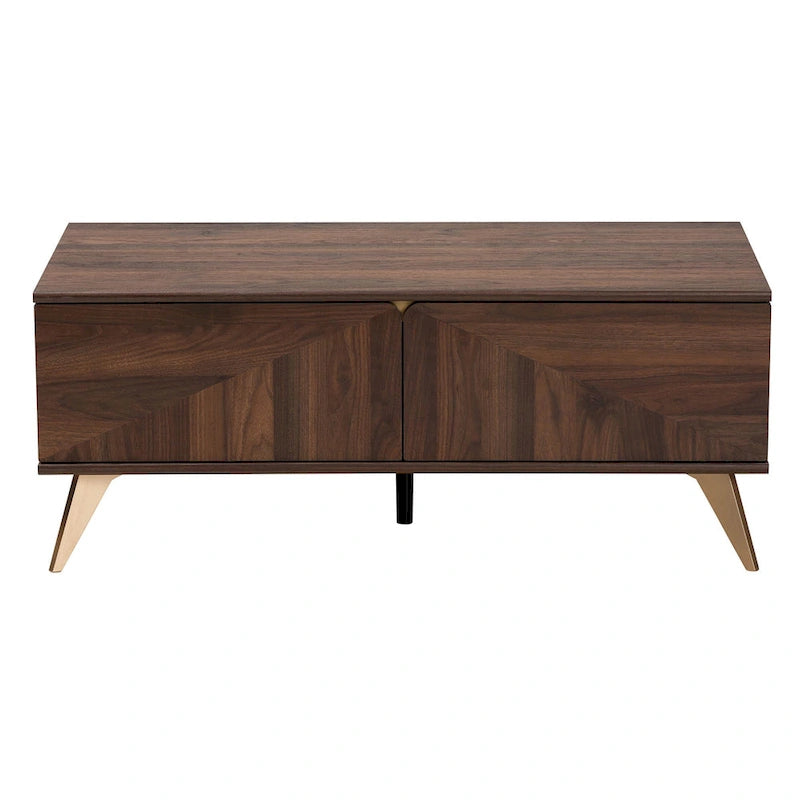 Table basse Graceland en bois finition noyer brun, de style moderne du milieu du siècle, avec 2 tiroirs