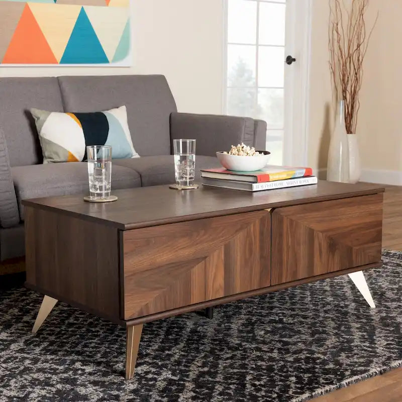 Table basse Graceland en bois finition noyer brun, de style moderne du milieu du siècle, avec 2 tiroirs