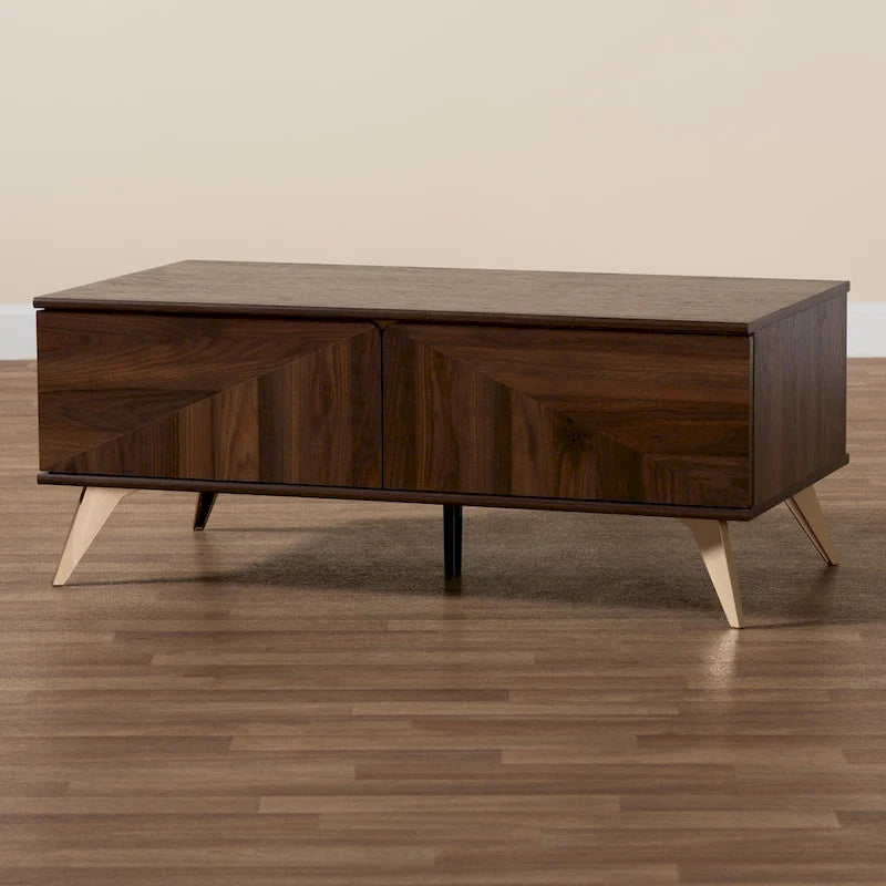 Table basse Graceland en bois finition noyer brun, de style moderne du milieu du siècle, avec 2 tiroirs