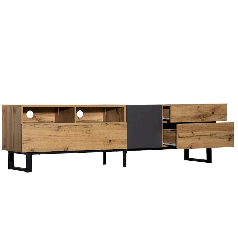 Meuble TV moderne pour téléviseur 80 pouces avec double espace de rangement