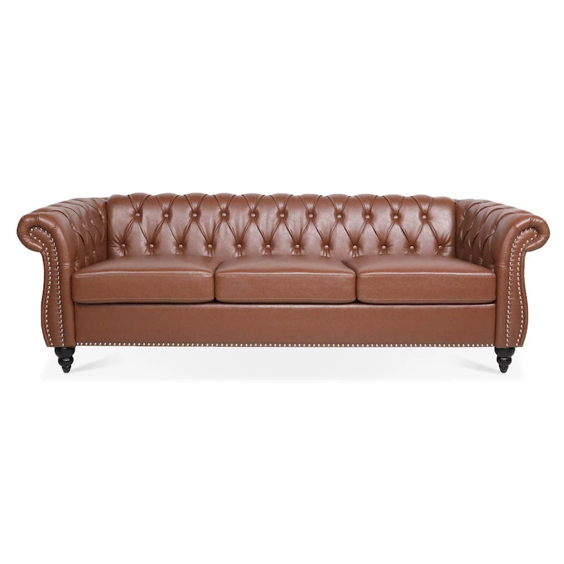 Canapé Chesterfield en similicuir à accoudoirs roulés et coussins amovibles