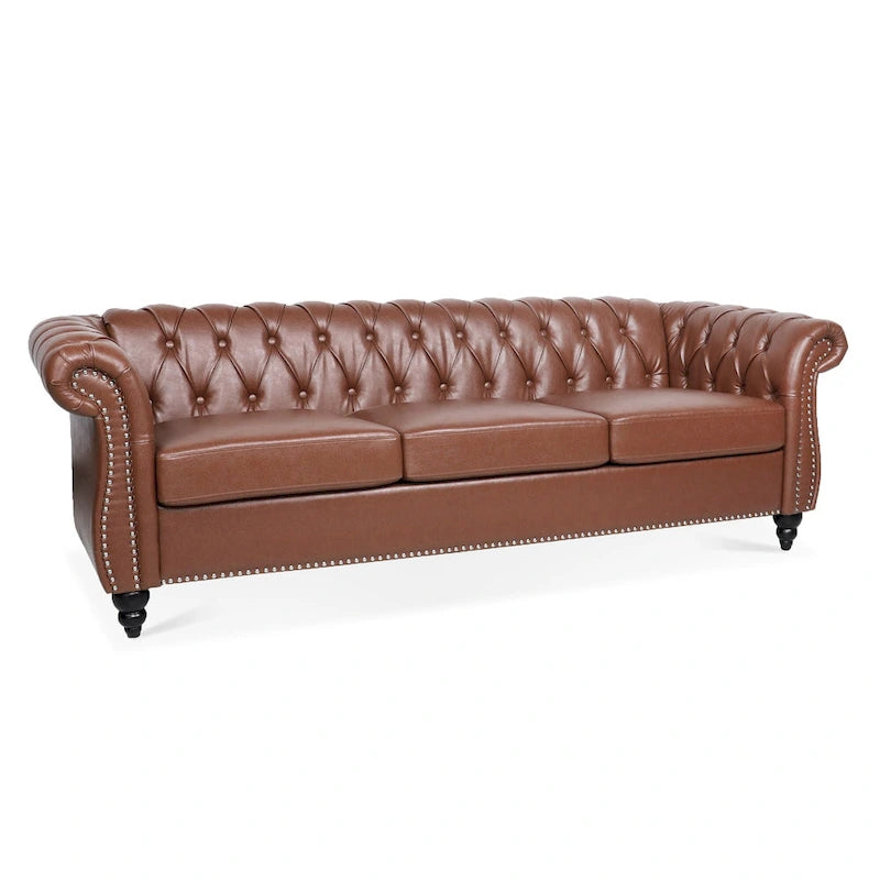 Canapé Chesterfield en similicuir à accoudoirs roulés et coussins amovibles