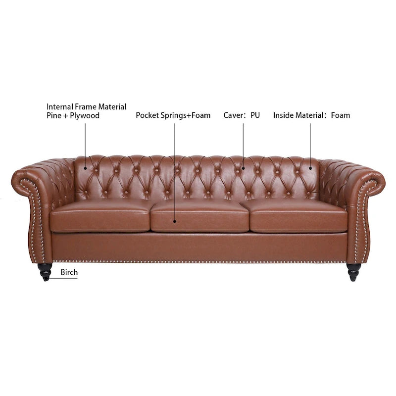 Canapé Chesterfield en similicuir à accoudoirs roulés et coussins amovibles