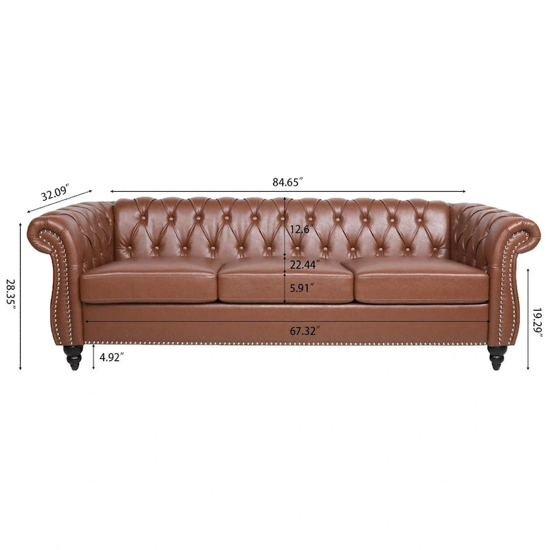 Canapé Chesterfield en similicuir à accoudoirs roulés et coussins amovibles