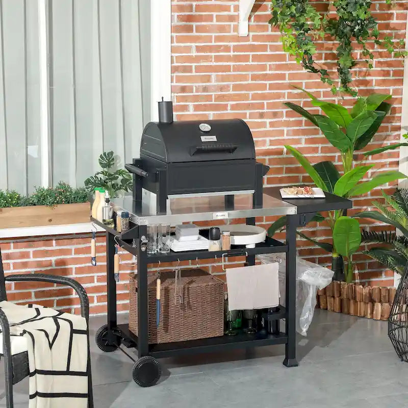 Chariot de barbecue d'extérieur à trois étagères Outsunny avec table d'appoint pliable, support de four à pizza multifonctionnel en acier inoxydable de 46 x 21,75 po