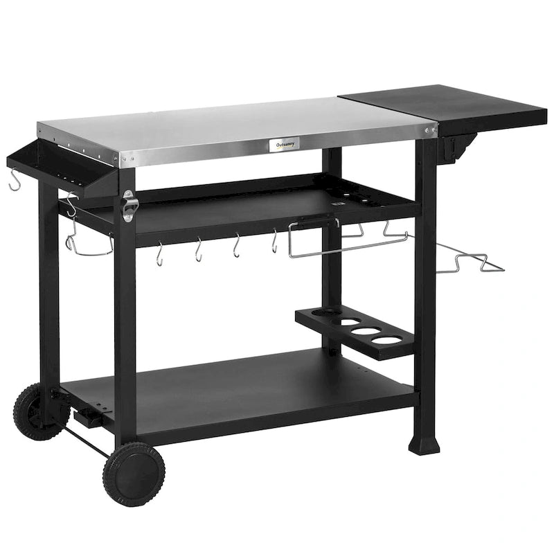 Chariot de barbecue d'extérieur à trois étagères Outsunny avec table d'appoint pliable, support de four à pizza multifonctionnel en acier inoxydable de 46 x 21,75 po