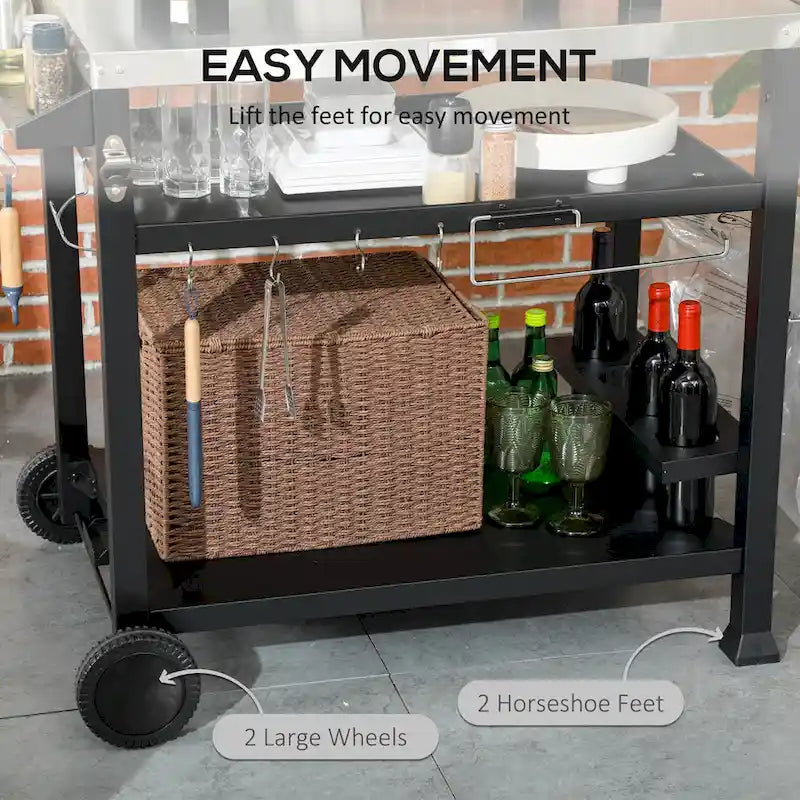 Chariot de barbecue d'extérieur à trois étagères Outsunny avec table d'appoint pliable, support de four à pizza multifonctionnel en acier inoxydable de 46 x 21,75 po