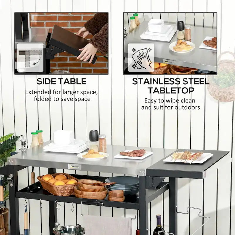 Chariot de barbecue d'extérieur à trois étagères Outsunny avec table d'appoint pliable, support de four à pizza multifonctionnel en acier inoxydable de 46 x 21,75 po