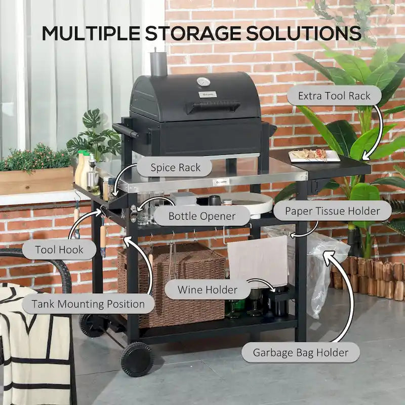 Chariot de barbecue d'extérieur à trois étagères Outsunny avec table d'appoint pliable, support de four à pizza multifonctionnel en acier inoxydable de 46 x 21,75 po