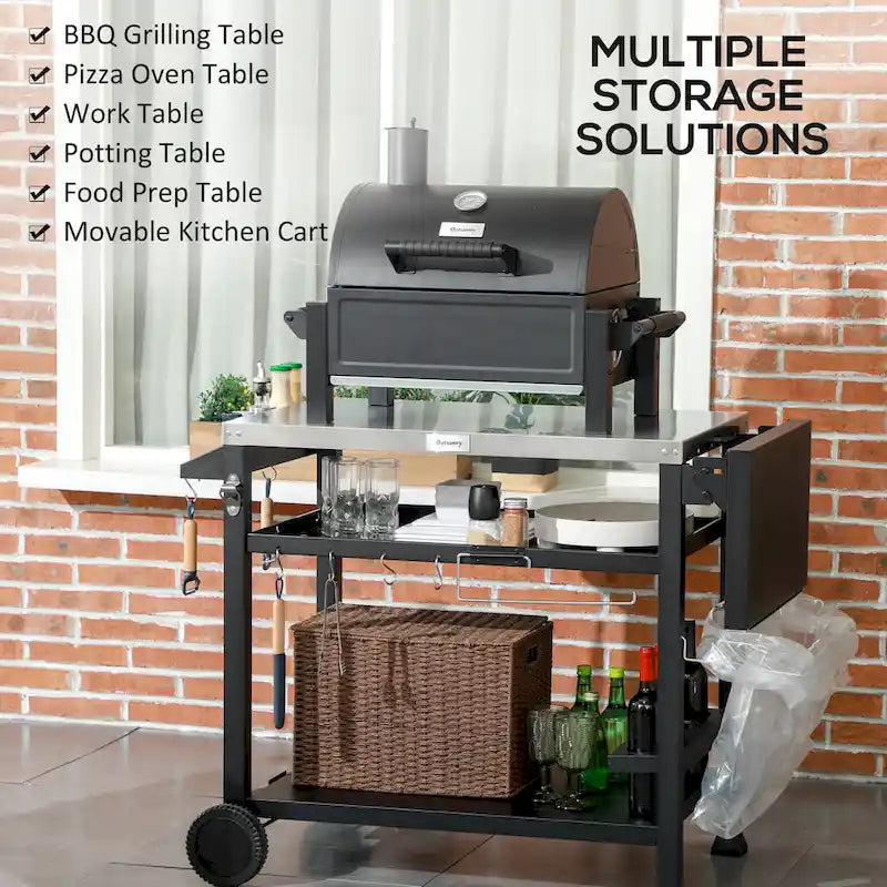 Chariot de barbecue d'extérieur à trois étagères Outsunny avec table d'appoint pliable, support de four à pizza multifonctionnel en acier inoxydable de 46 x 21,75 po