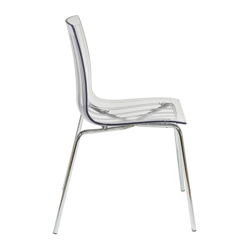 Chaise de salle à manger Ralph en acrylique avec pieds en métal chromé, chaise d'appoint moderne transparente pour salle à manger et cuisine