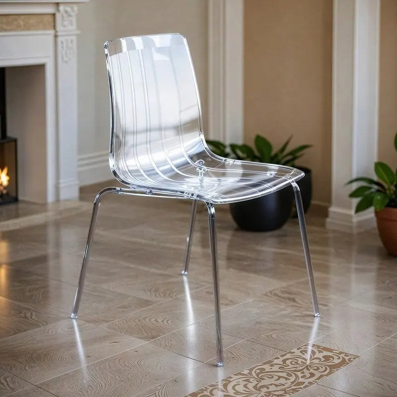 Chaise de salle à manger Ralph en acrylique avec pieds en métal chromé, chaise d'appoint moderne transparente pour salle à manger et cuisine