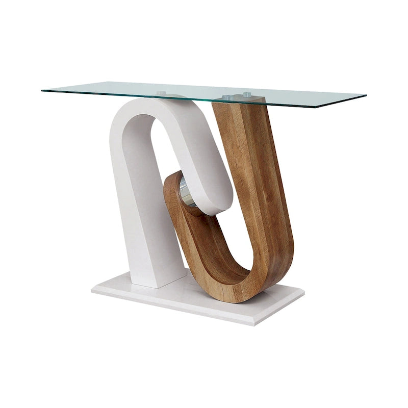 Console de canapé en verre de 119 cm de style contemporain blanc et bois naturel avec base géométrique par Strick & Bolton