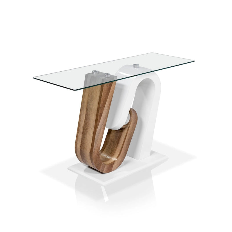 Console de canapé en verre de 119 cm de style contemporain blanc et bois naturel avec base géométrique par Strick & Bolton
